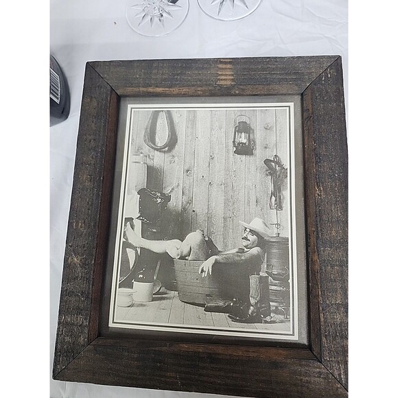 R Henderickson Other - 1960's-70' R. Hendrickson Sepia Print Happy Cowboy Soaking in Barrel Tub framed